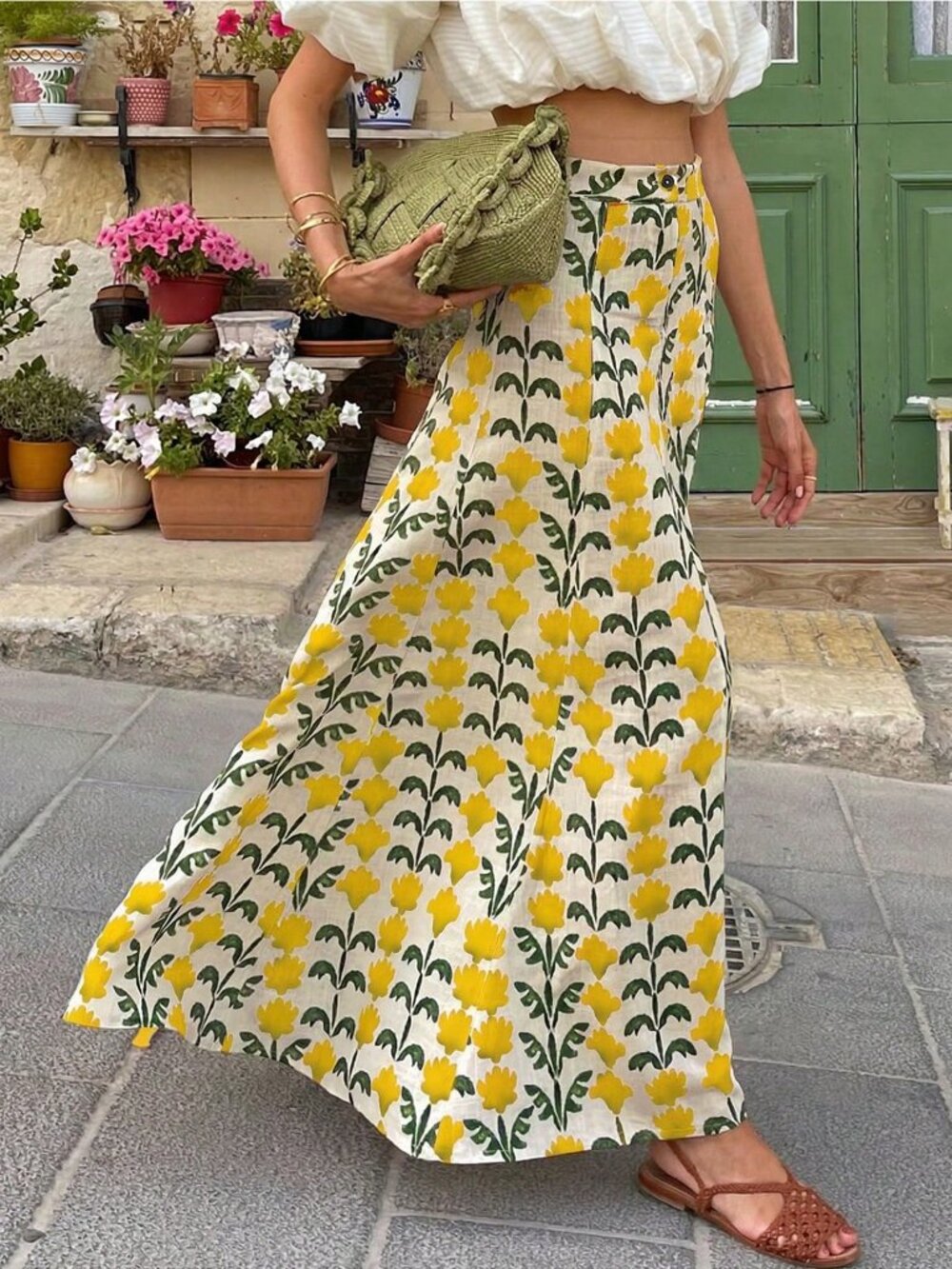 Yellow Casual Elegant Boho Women's All-Over Ditsy Floral Plants Straight Skirt